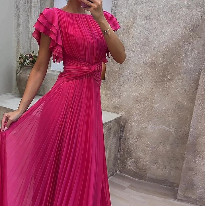 Lillian - Elegant Nipped Waist Ruffled Sleeve A Line Dress