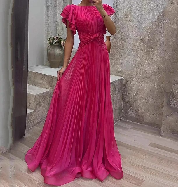 Lillian - Elegant Nipped Waist Ruffled Sleeve A Line Dress
