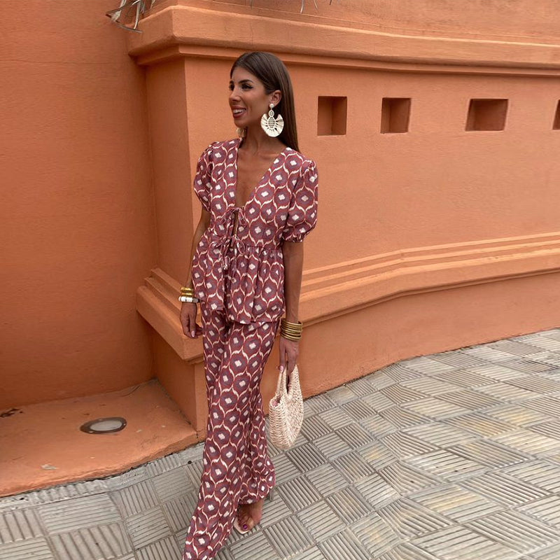 Holly - Printed Tie-up Top and Trouser Set