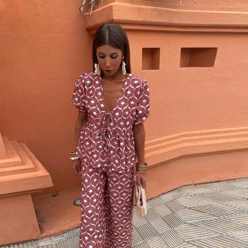 Holly - Printed Tie-up Top and Trouser Set