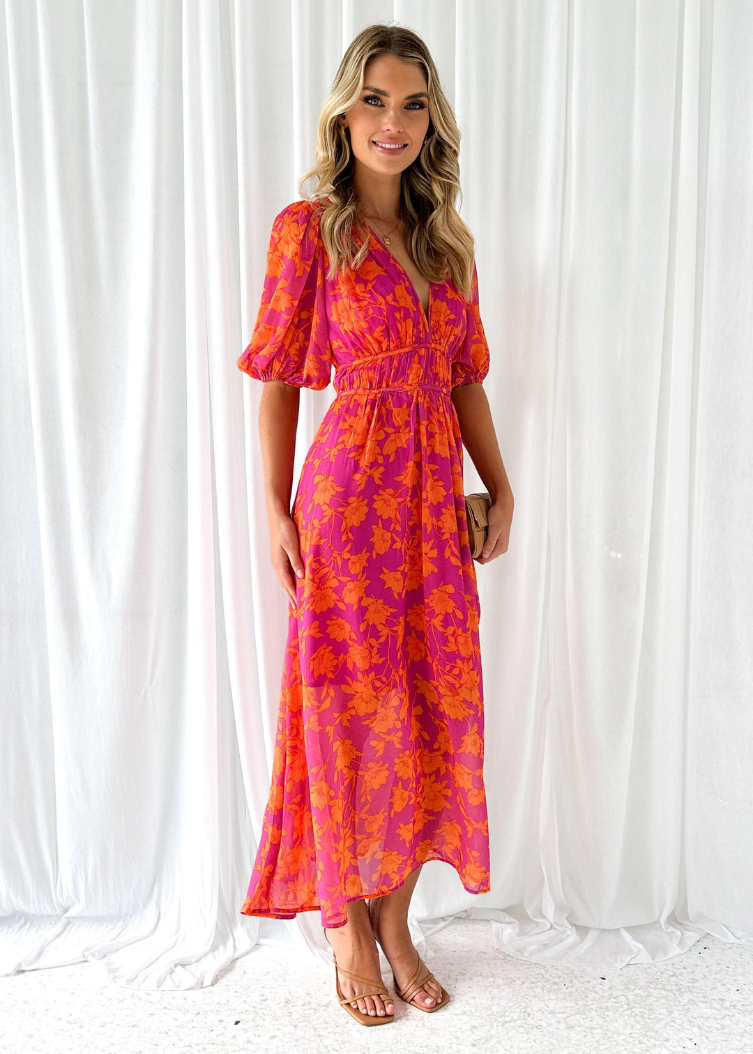 Ivy - Printed Puff Sleeve Waist Trimming Dress