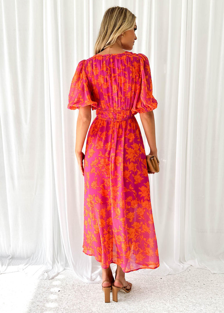 Ivy - Printed Puff Sleeve Waist Trimming Dress