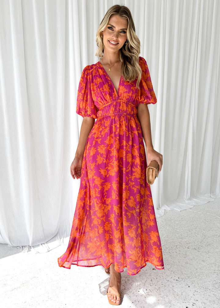 Ivy - Printed Puff Sleeve Waist Trimming Dress