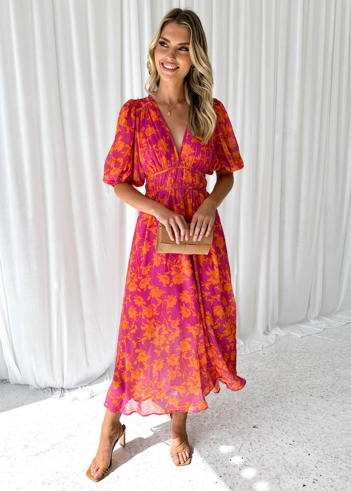 Ivy - Printed Puff Sleeve Waist Trimming Dress