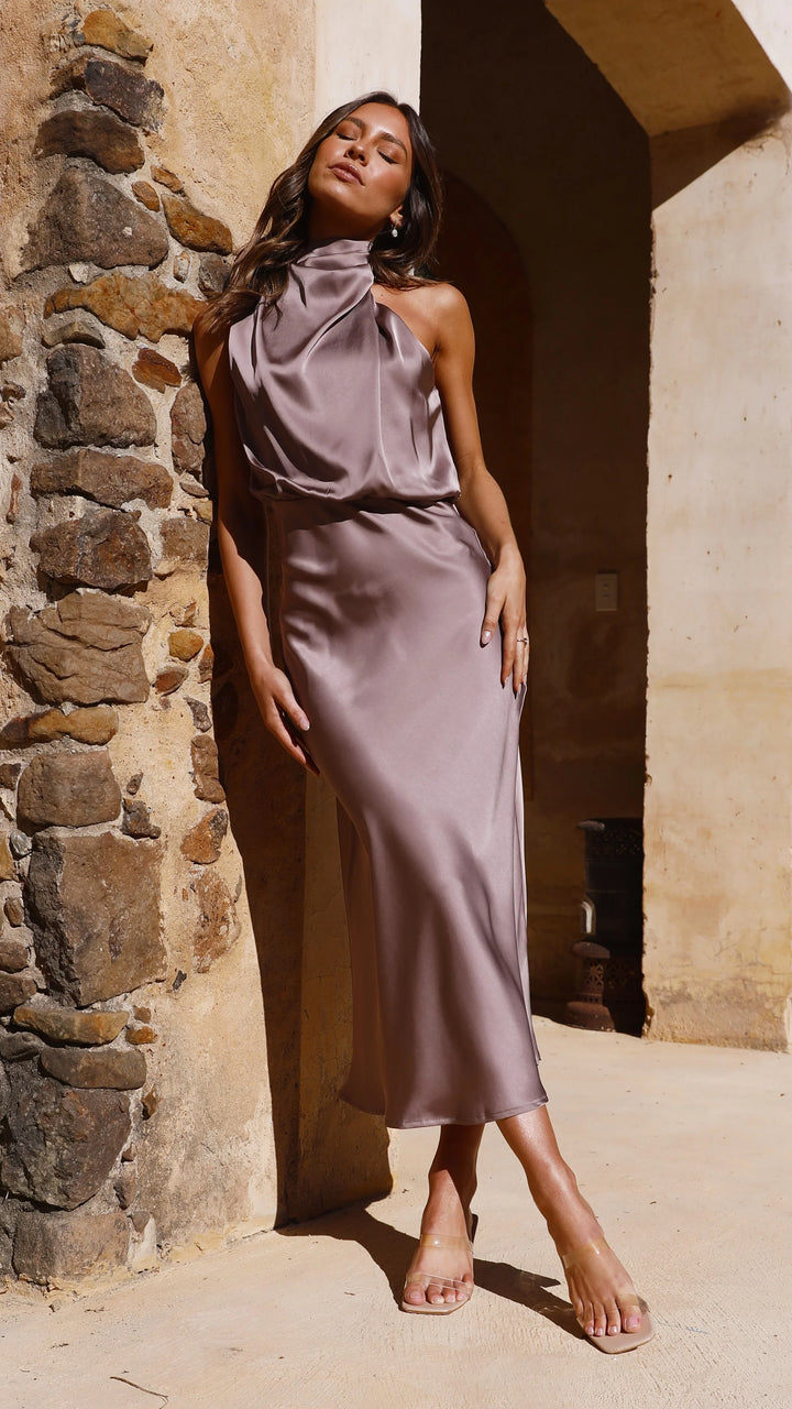 Azmara – Elegant Halter Neck Satin Maxi Dress