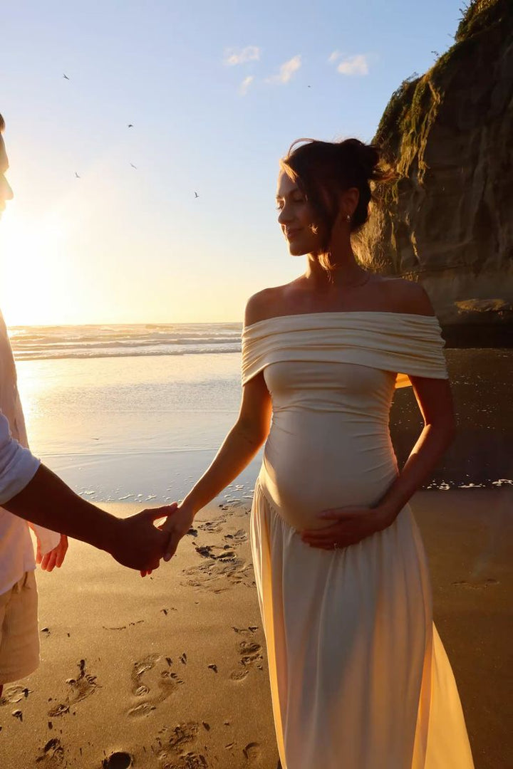 Ella - Pleated Off-Shoulder Maternity Dress