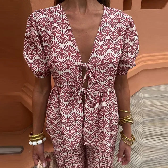 Holly - Printed Tie-up Top and Trouser Set