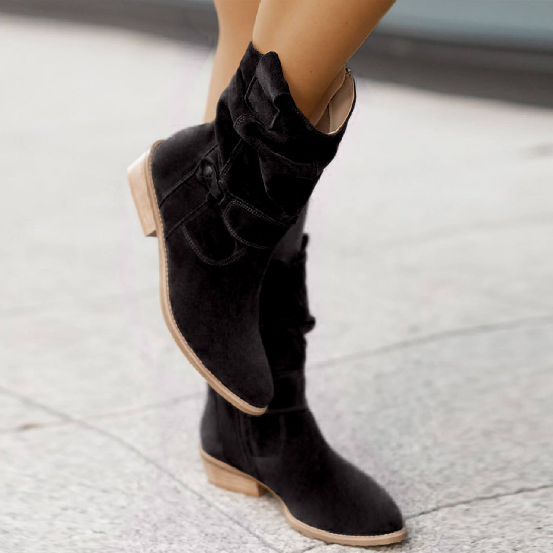 Thora - Faux Suede Flock Mid-Calf Knight Boots