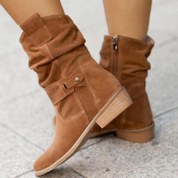 Thora - Faux Suede Flock Mid-Calf Knight Boots