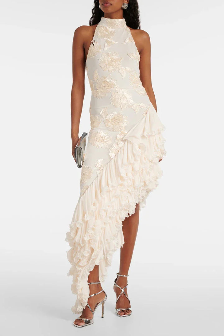Kismet - Elegant Floral Appliqué Cascading Ruffle Hem Dress