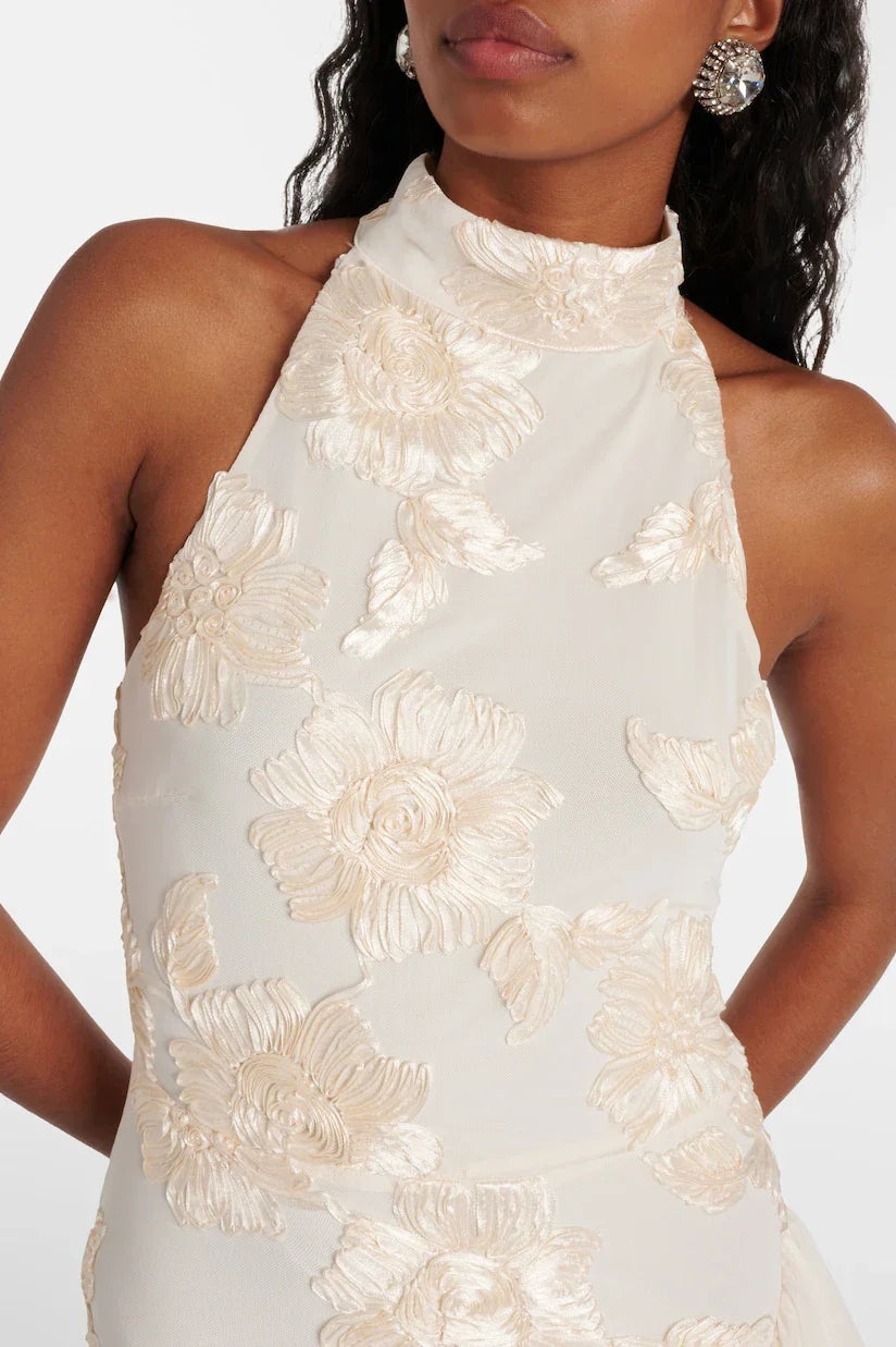 Kismet - Elegant Floral Appliqué Cascading Ruffle Hem Dress