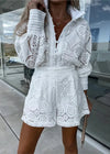 Caitlin - Elegant White Lace Shirt & Shorts Set