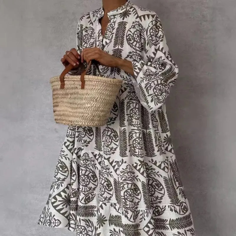 Delilah - Casual V-Neck Printed 7/8 Sleeve Boho Dress