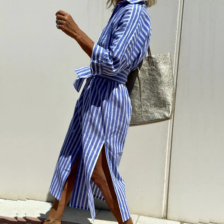 Gia - Trendy Long-Sleeve Striped Shirt Dress