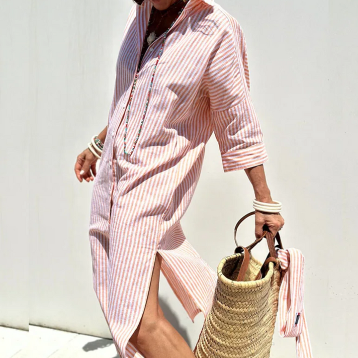 Gia - Trendy Long-Sleeve Striped Shirt Dress