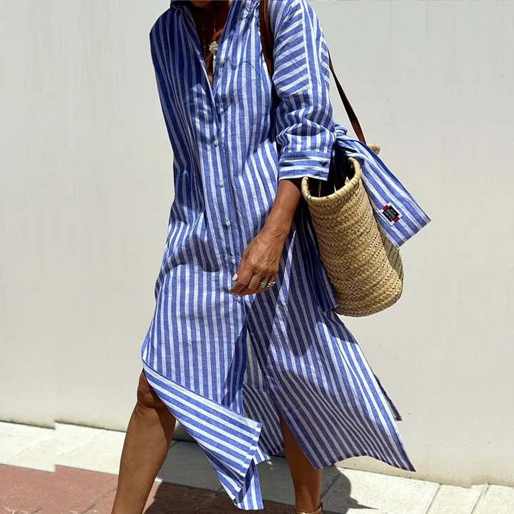 Gia - Trendy Long-Sleeve Striped Shirt Dress