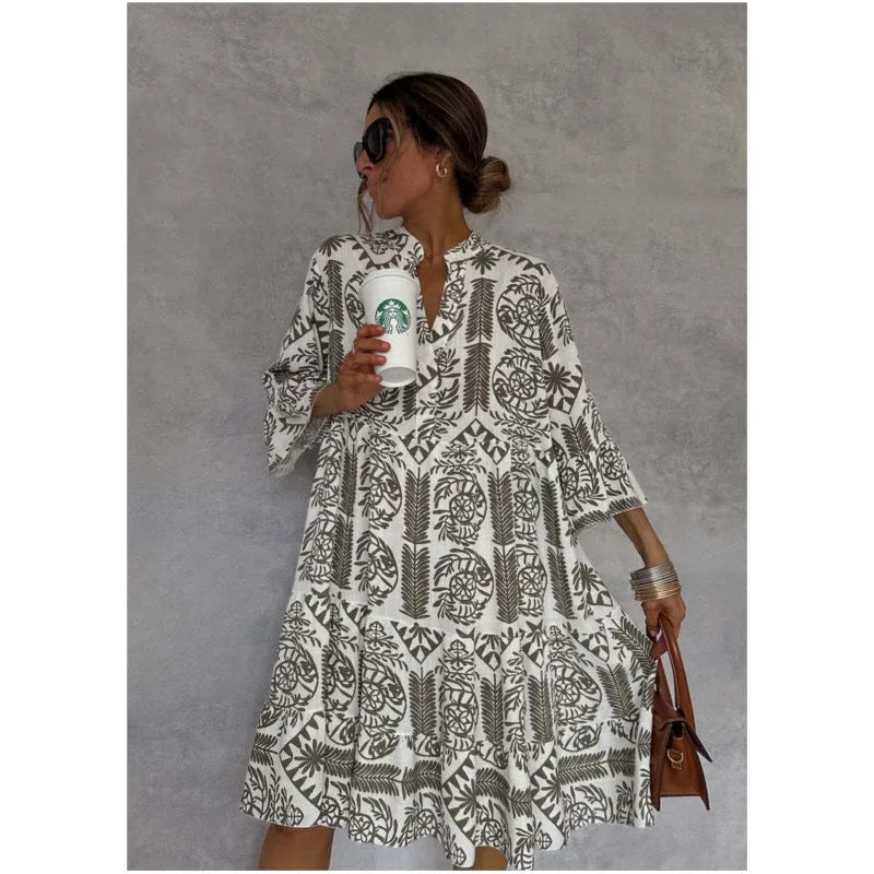 Delilah - Casual V-Neck Printed 7/8 Sleeve Boho Dress
