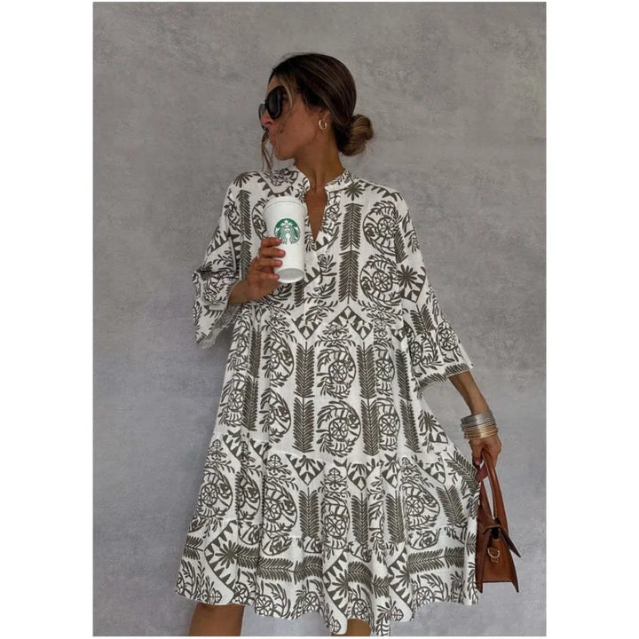 Delilah - Casual V-Neck Printed 7/8 Sleeve Boho Dress