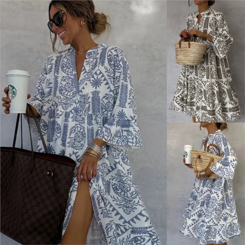 Delilah - Casual V-Neck Printed 7/8 Sleeve Boho Dress