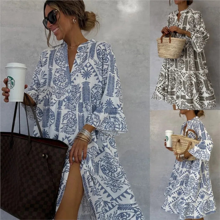 Delilah - Casual V-Neck Printed 7/8 Sleeve Boho Dress