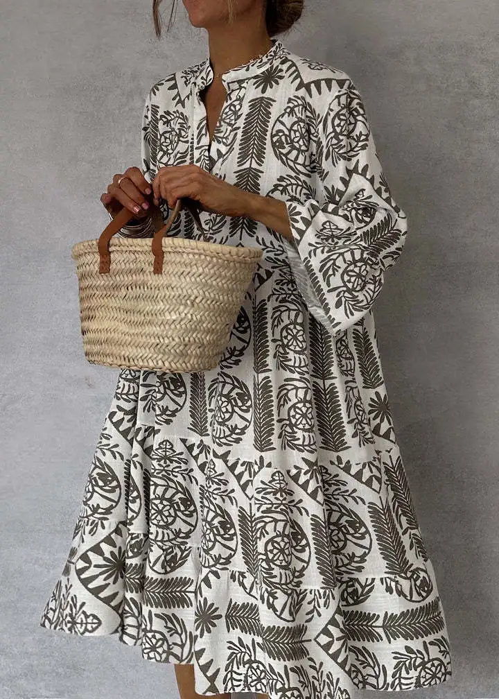 Delilah - Casual V-Neck Printed 7/8 Sleeve Boho Dress