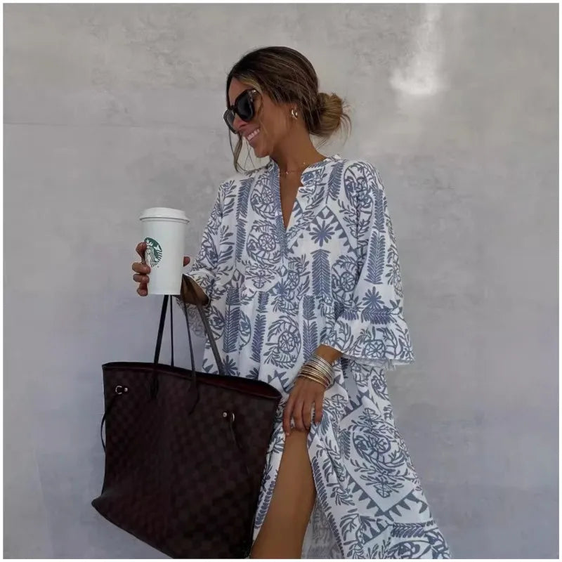 Delilah - Casual V-Neck Printed 7/8 Sleeve Boho Dress
