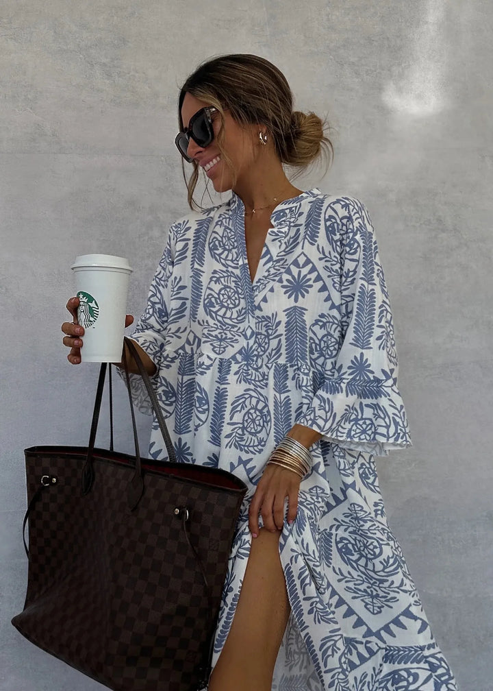 Delilah - Casual V-Neck Printed 7/8 Sleeve Boho Dress