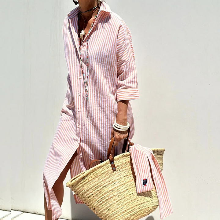 Gia - Trendy Long-Sleeve Striped Shirt Dress