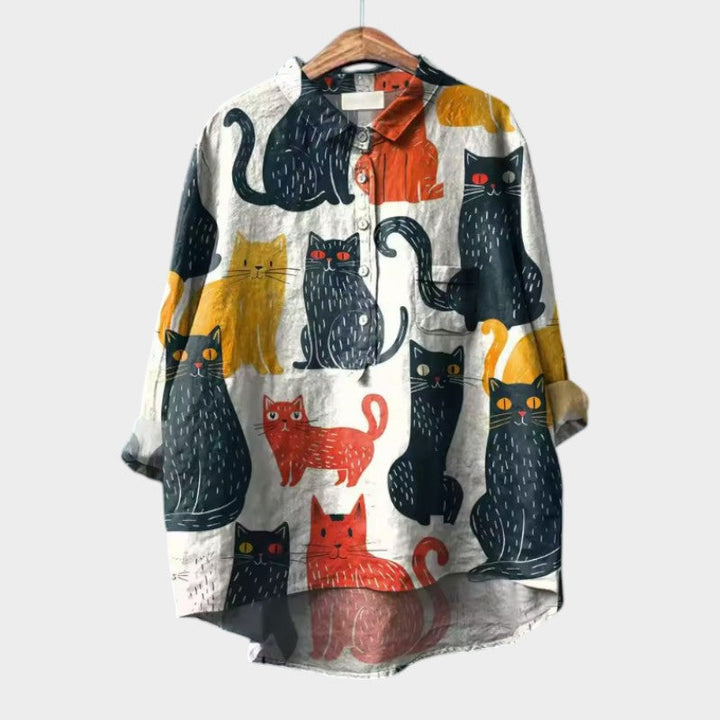 Lyric - Casual Loose Cat Print Hawaiian Blouse