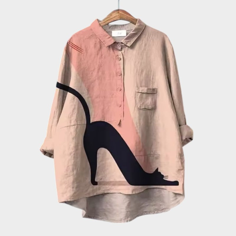 Lyric - Casual Loose Cat Print Hawaiian Blouse