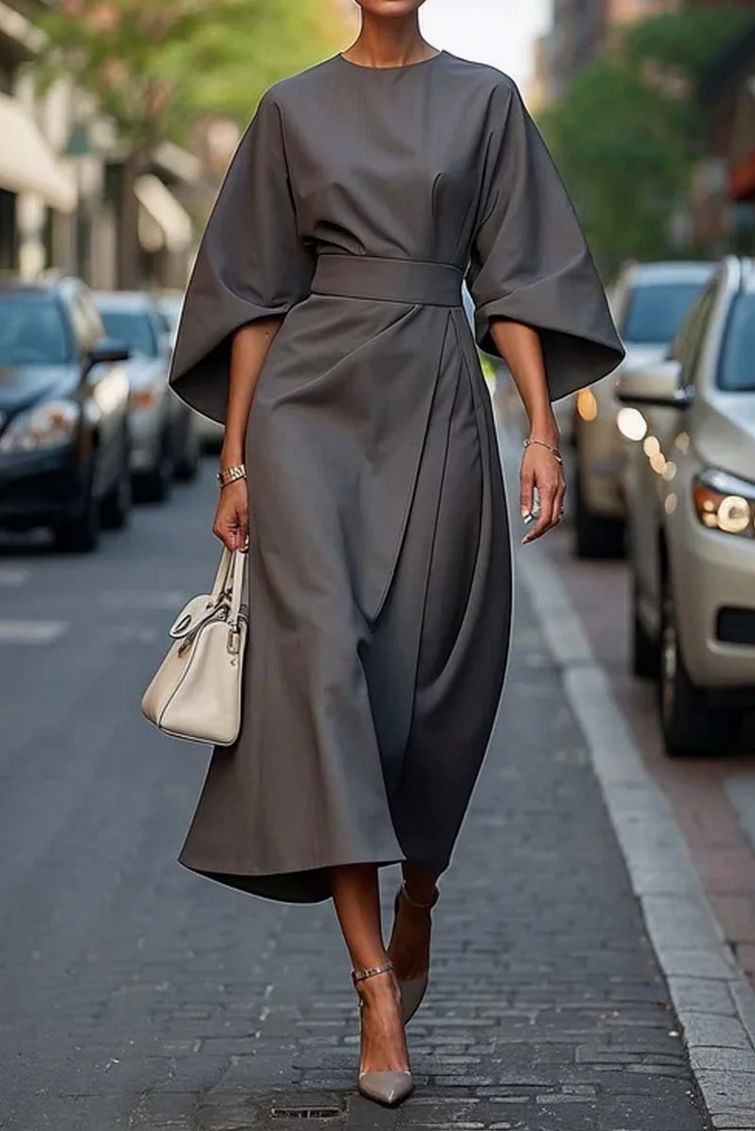 Olivia - Round Neck Lantern Sleeve High Waist Dress