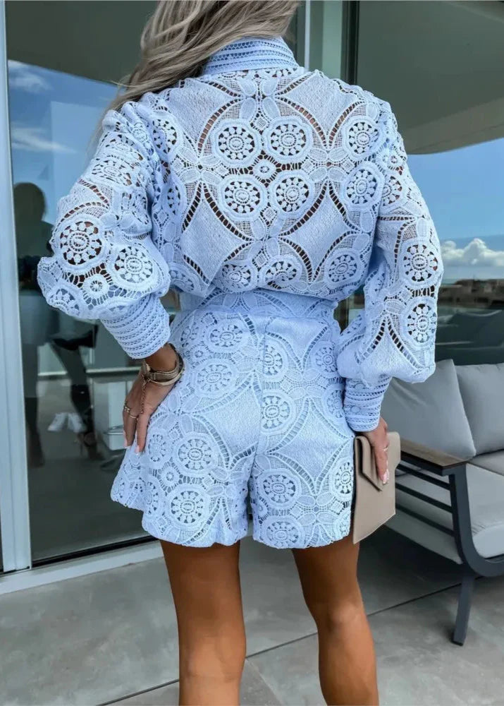 Caitlin - Elegant White Lace Shirt & Shorts Set