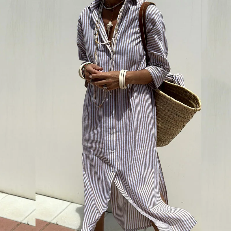 Gia - Trendy Long-Sleeve Striped Shirt Dress