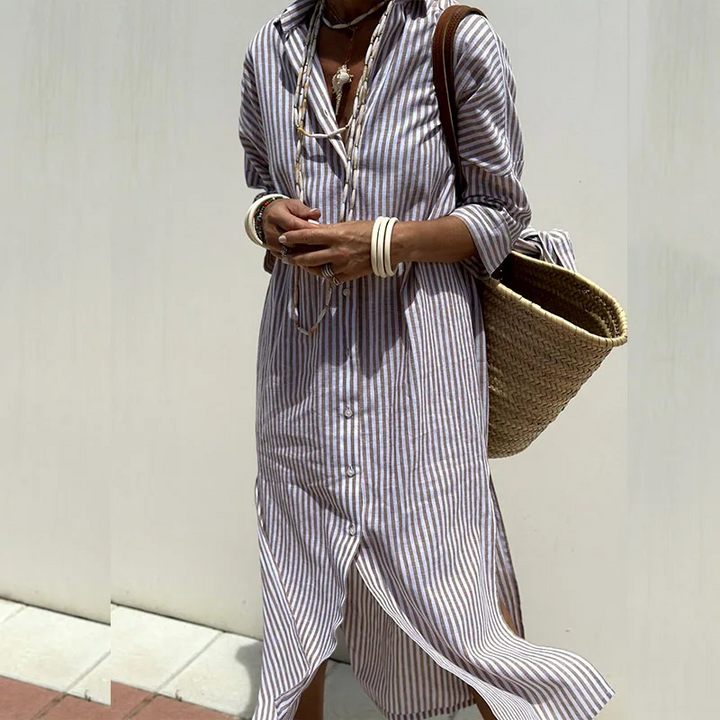 Gia - Trendy Long-Sleeve Striped Shirt Dress