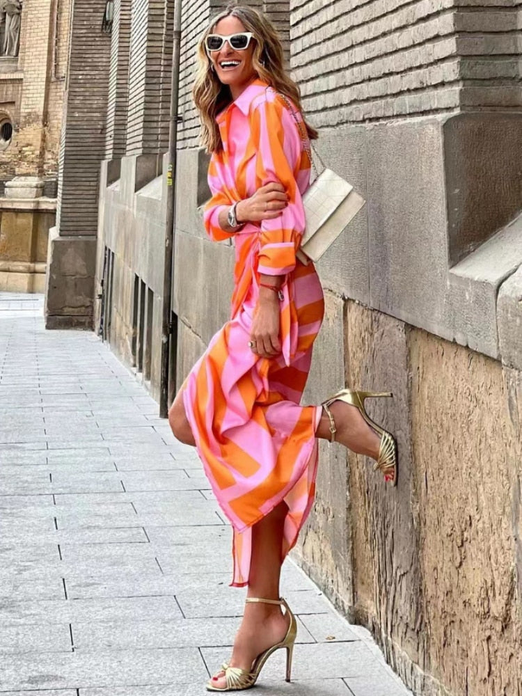 Cora - Casual Printed Striped Shirt Dress