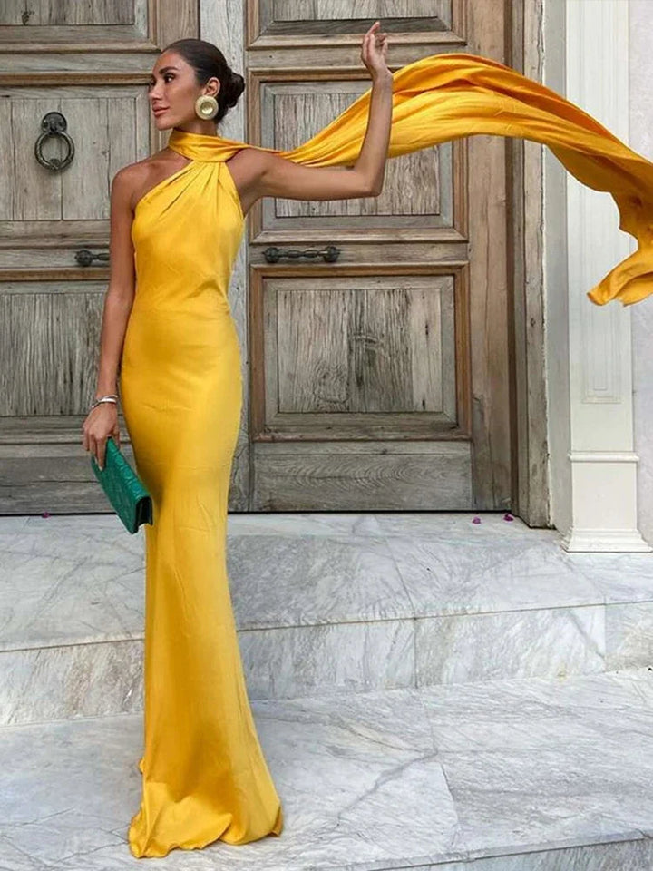 Lumen - Elegant Off-Shoulder Satin Party Dress