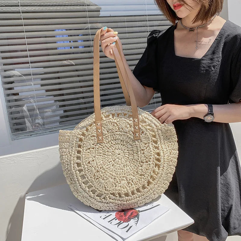 Juliette - Handwoven Round Straw Rattan Beach Bag