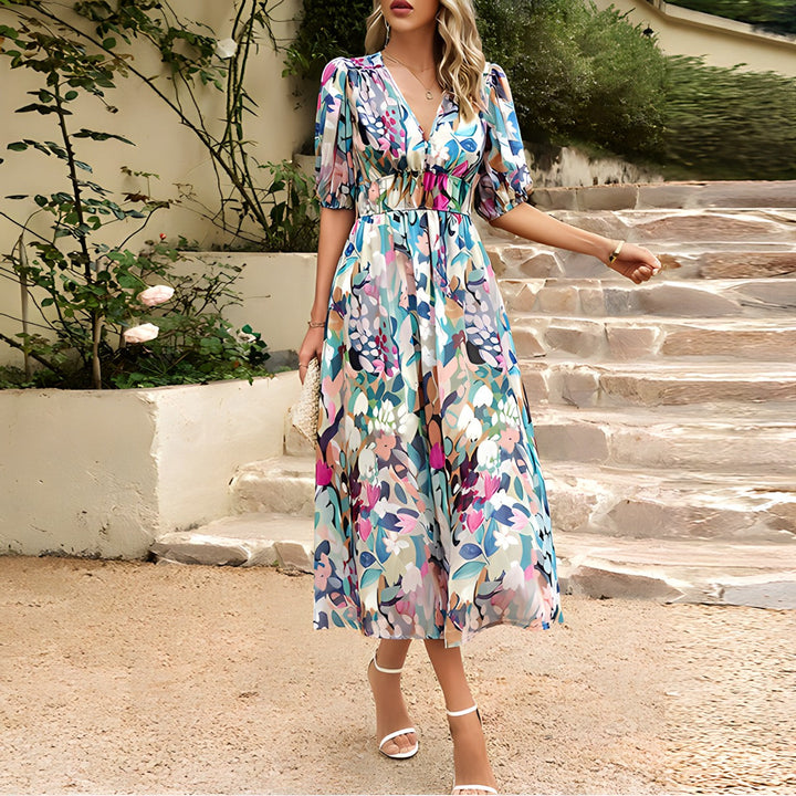 Maura - Boho Floral Print V-neck Midi Dress