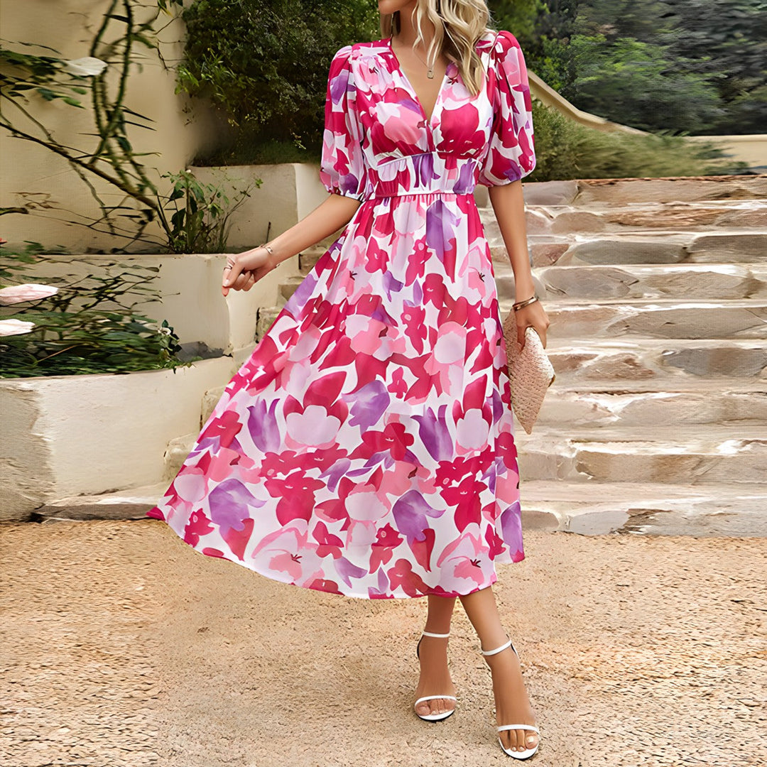Maura - Boho Floral Print V-neck Midi Dress
