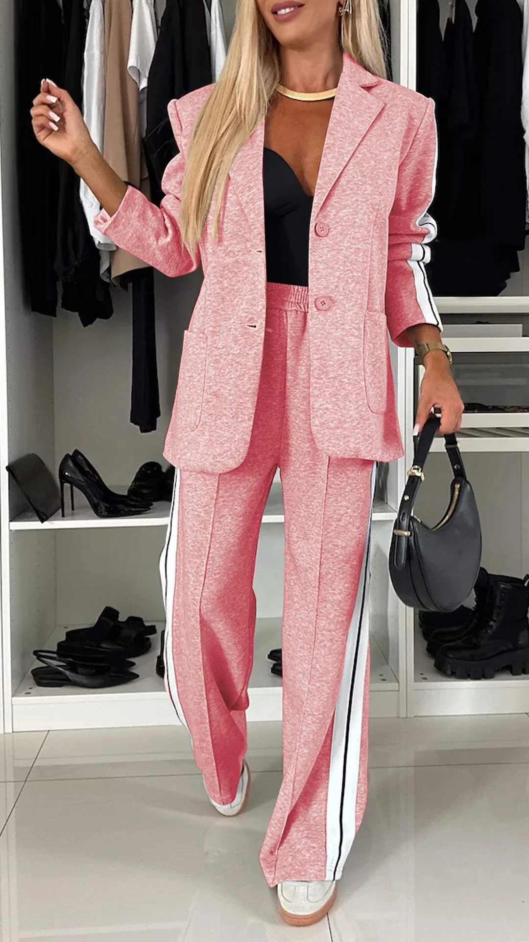 Vada - Women’s Full Size Contrast Lapel Collar Top & Pants Set