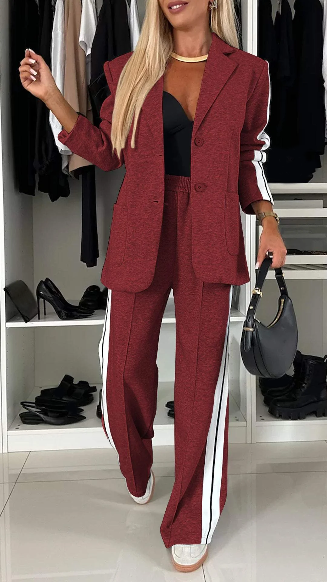Vada - Women’s Full Size Contrast Lapel Collar Top & Pants Set