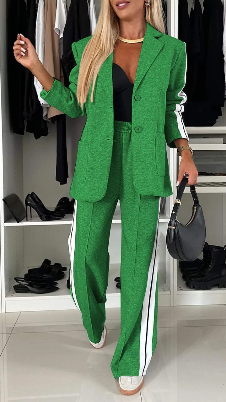 Vada - Women’s Full Size Contrast Lapel Collar Top & Pants Set
