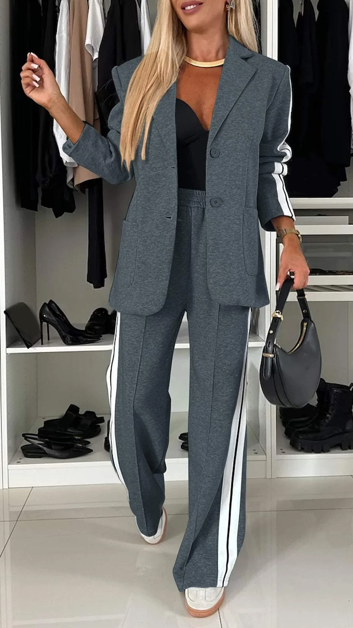 Vada - Women’s Full Size Contrast Lapel Collar Top & Pants Set