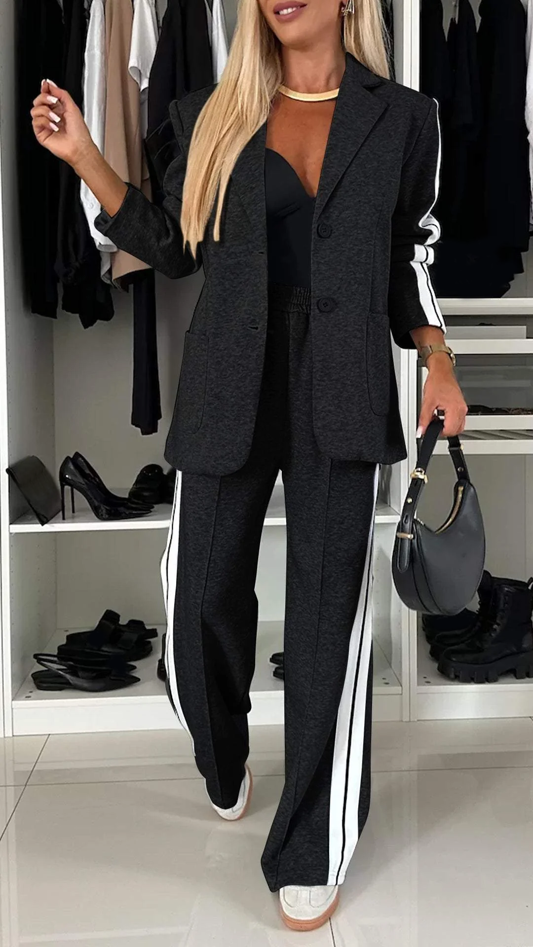 Vada - Women’s Full Size Contrast Lapel Collar Top & Pants Set