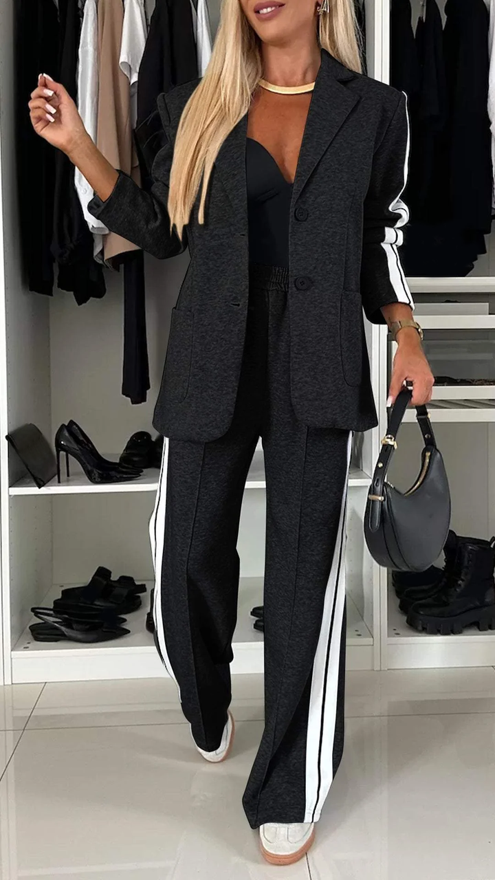 Vada - Women’s Full Size Contrast Lapel Collar Top & Pants Set