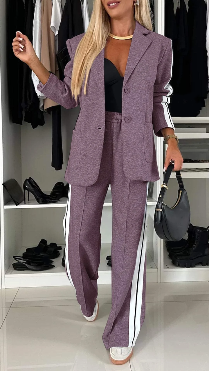 Vada - Women’s Full Size Contrast Lapel Collar Top & Pants Set