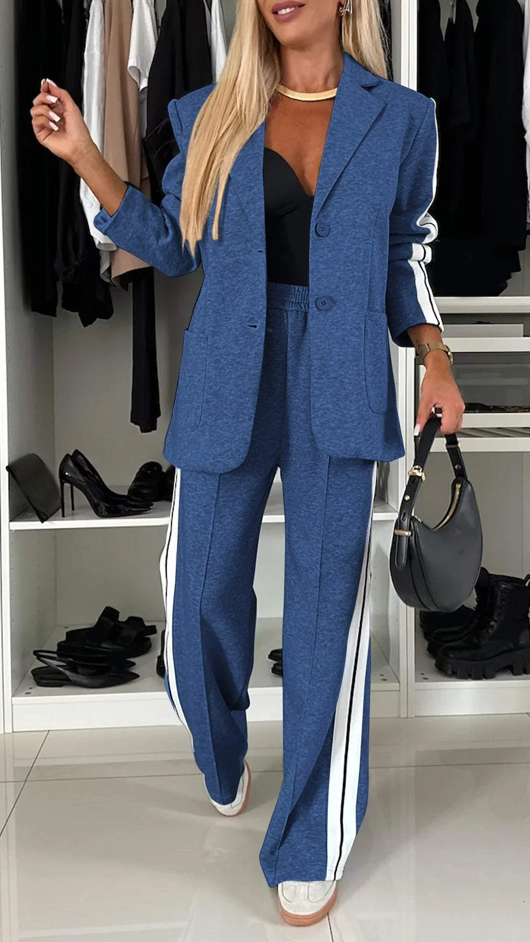 Vada - Women’s Full Size Contrast Lapel Collar Top & Pants Set