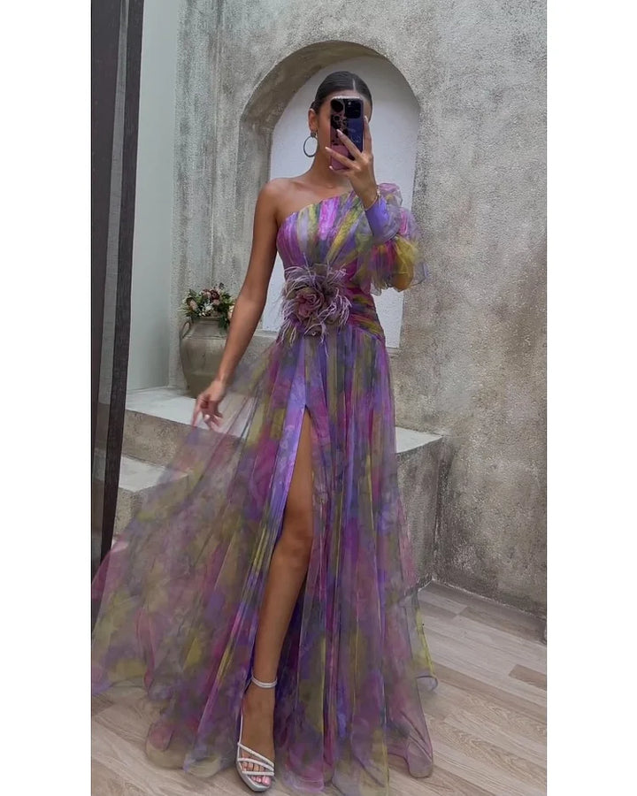 Faith - Mesh Sloping Shoulder Long Maxi Dress