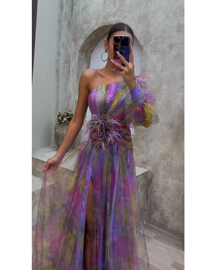 Faith - Mesh Sloping Shoulder Long Maxi Dress