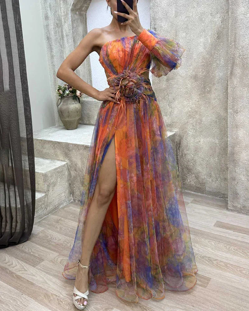 Faith - Mesh Sloping Shoulder Long Maxi Dress